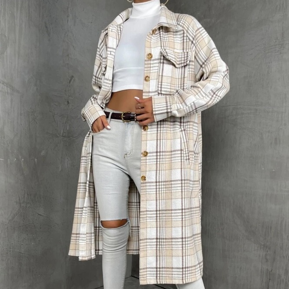 Plaid Longline Coat, Brown & White